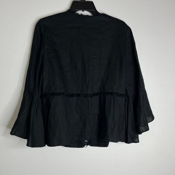 Chico's 100% Linen Black Bell Sleeve Open Jacket Fringe Trim Sz 0 US Sz S/4 NWT - Picture 3 of 10